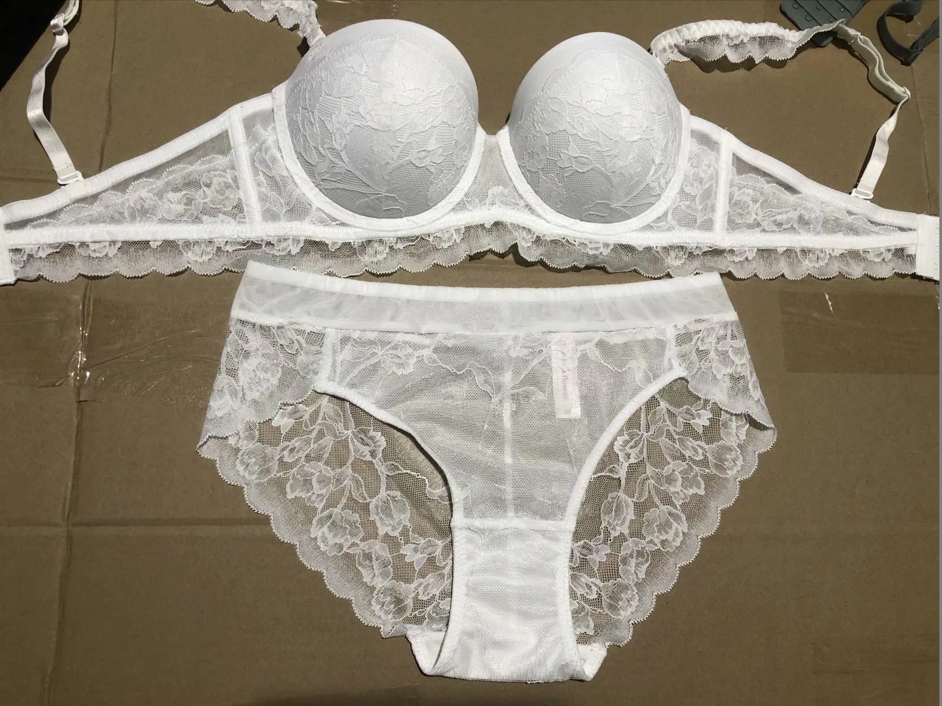 New Sexy Lace Overlay Half Cup Gathering Women's Bra Set Wedding Off the Shoulder Underwear_voghion.com