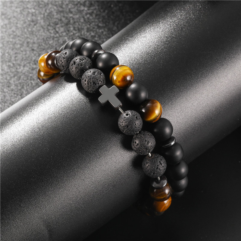 Fashion 8mm Black Frosted Tiger&#39;s Eye Volcanic Cross Bracelet Set display picture 4