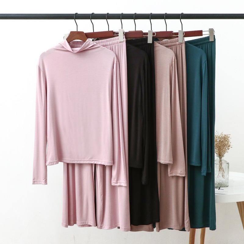 Spring and Autumn High Neck Long Sleeve Bottoming Shirt + Wide Leg Pants Two-Piece Set Modal Large Size Loose Home Suit