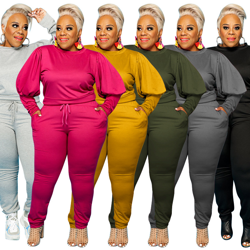 21022 Amazon factory direct knitted sweater autumn and winter fashion casual two-piece Large size women's suit