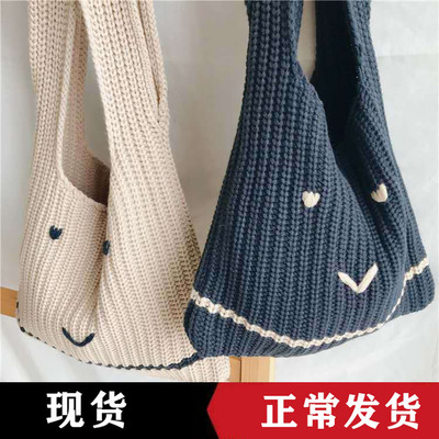 韩版新款软妹童趣表情编织包包可爱单肩手提挎包女针织毛线小方包|ru