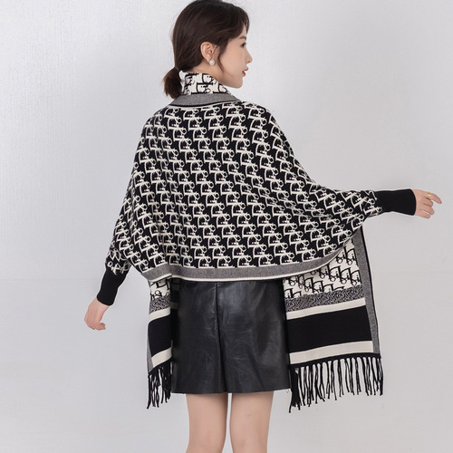 Autumn and winter knitted shawl for women with sleeves, versatile thickened warm cloak with tassels and scarf, dual-purpose cheongsam cloak