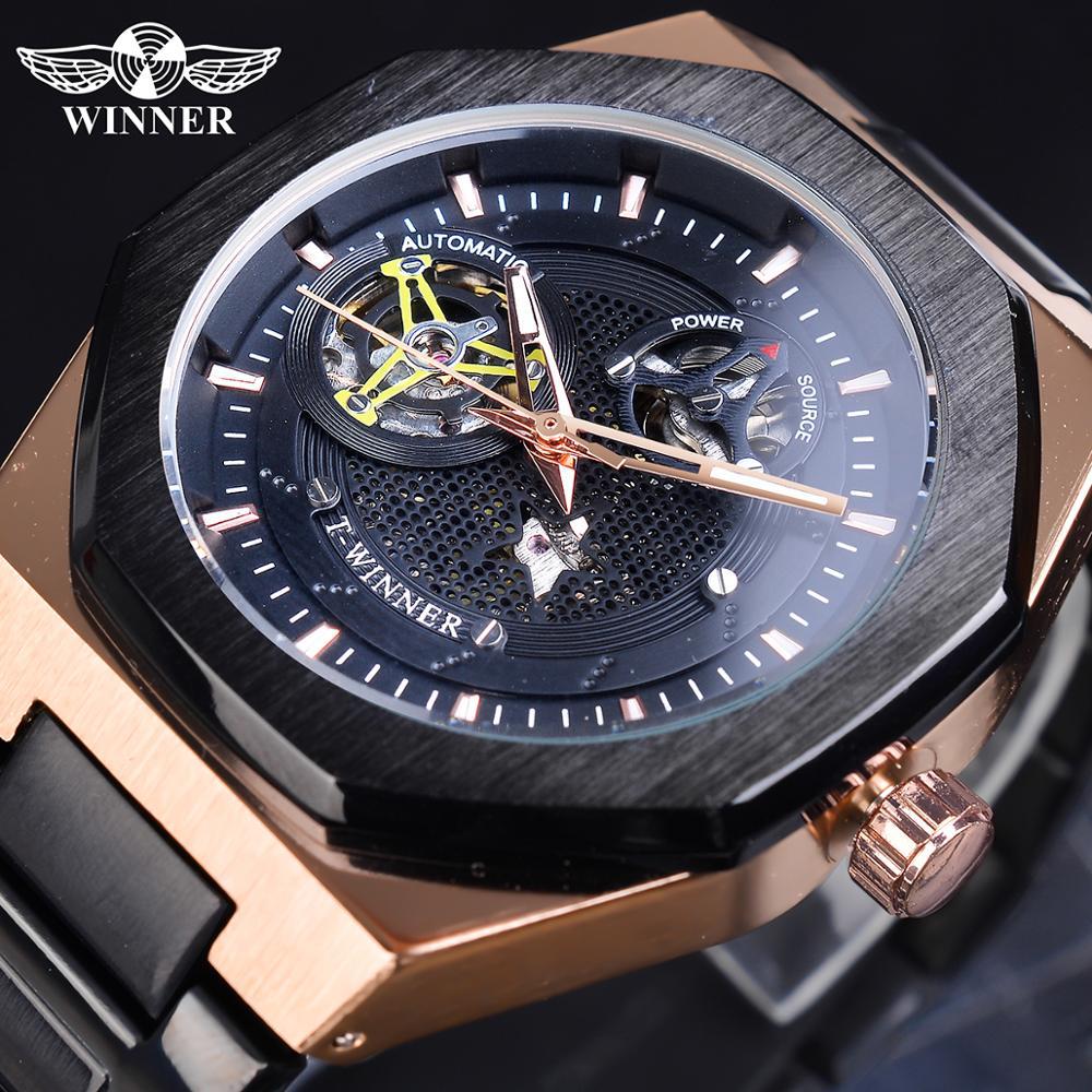 Nuevo ganador reloj mecánico automático octogonal de los hombres hueco de cinco puntas reloj mecánico correa de acero inferior transparente