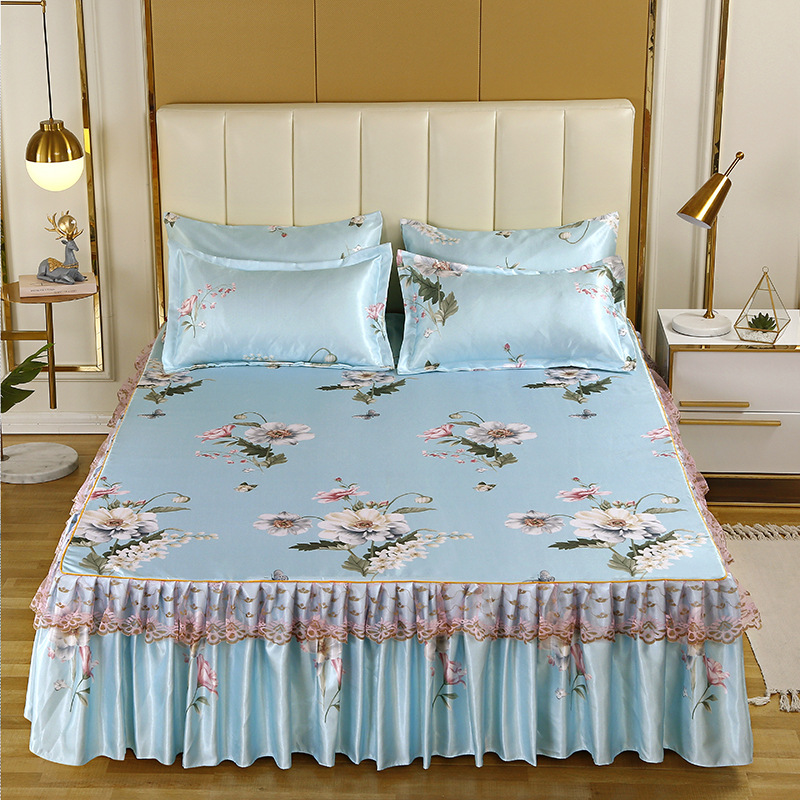 厂家夏季凉席床裙款冰丝席三件套 可折叠水洗花边空调软席批发