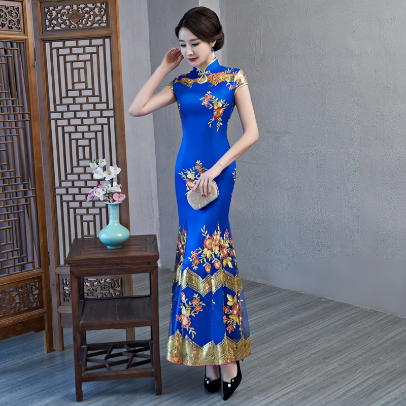 blue and gold chinese dress Boys Chinese Costume Blue Short Sleeve Stage Outfit