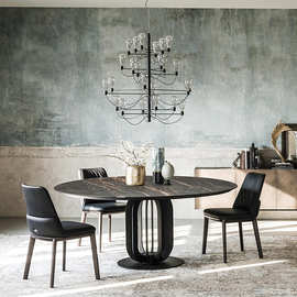 北欧现代简约进口岩板意式轻奢大理石家用小户型圆形饭餐桌椅组合