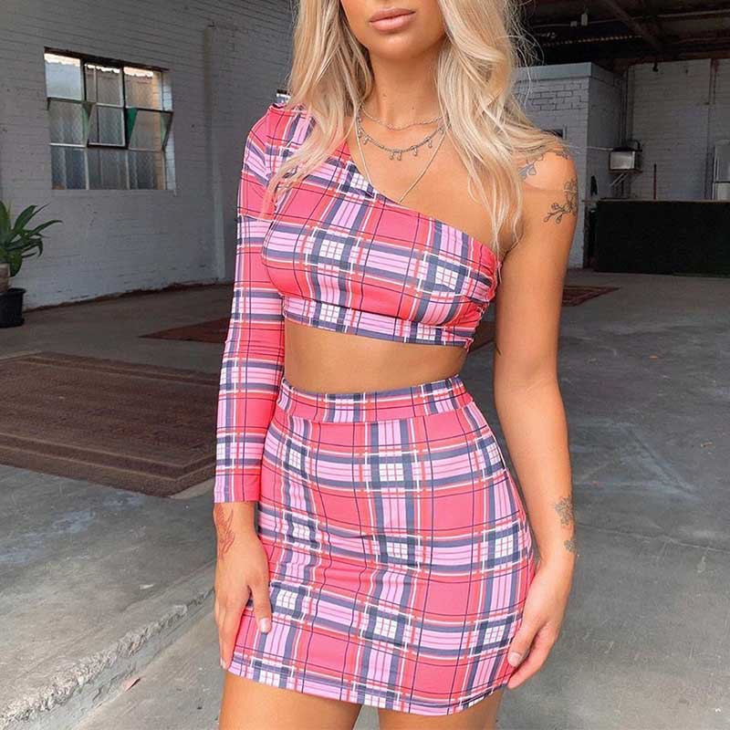 unilateral sleeve plaid skirt suit   NSKL19684