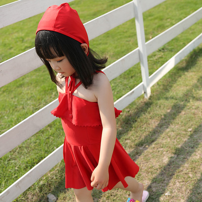 原創設計  升級版 毛球花邊兒童連體裙式平角褲遊泳衣女童 中小童