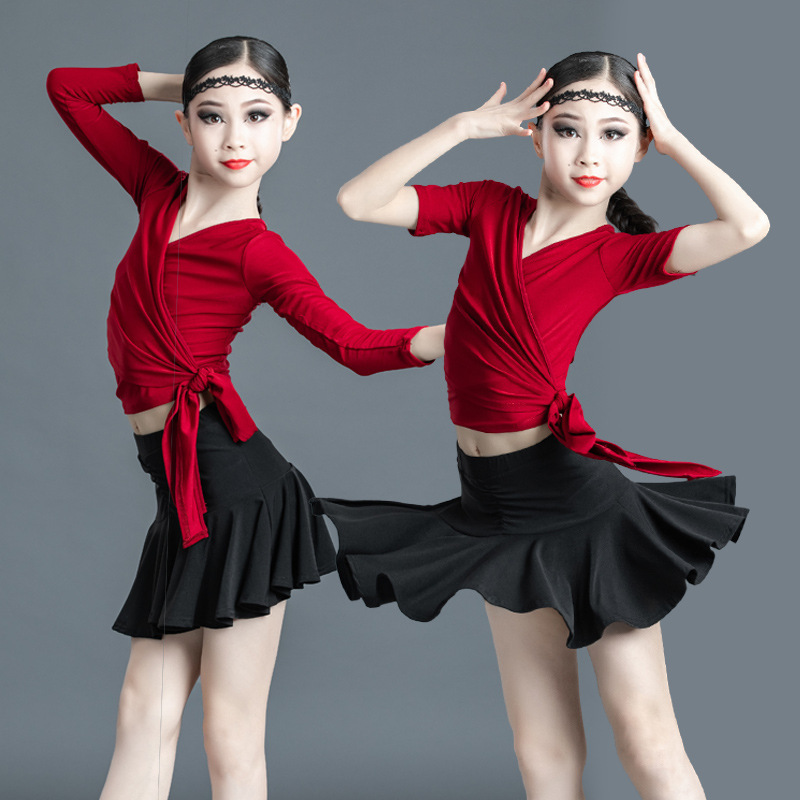 Children's red with black Latin Dance Dress Girls Latin dance skirt children's competition Latin Dress Girls Training Dress