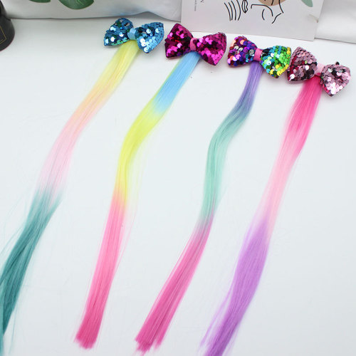 2pcs Children girls party stage performance fairy princess cosplay hairpin rainbow wig Sequin bow barrette hair accessories