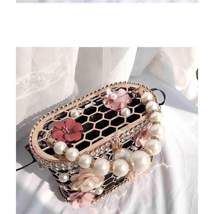 Black Apricot Velvet Cloth Metal Flower Pearls Hollow Bucket Evening Bags display picture 9