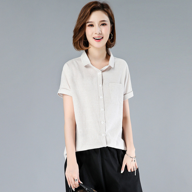 Women’s shirt summer fashion Korean style commuter loose polo collar short sleeve Stripe Shirt