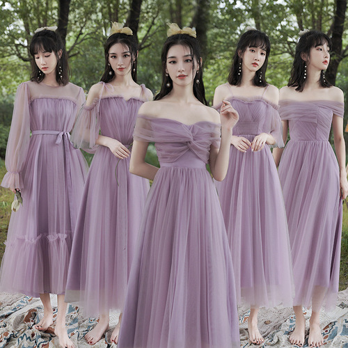 Taro purple Bridesmaid evening party dress one-shoulder wedding bridesmaid sisters graduation carnival party host singer performance dress 