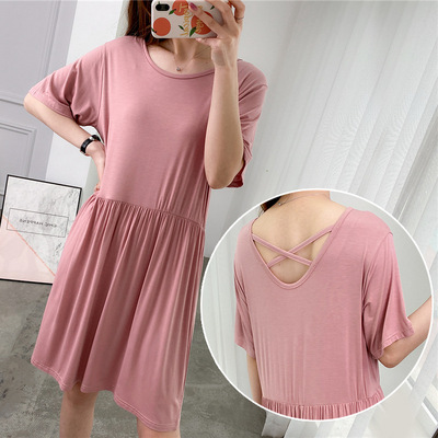 Nightdress summer Thin section Short sleeved Middle-skirt modal Easy Large 200 Pounds of fat MM Solid pajamas Home Furnishings