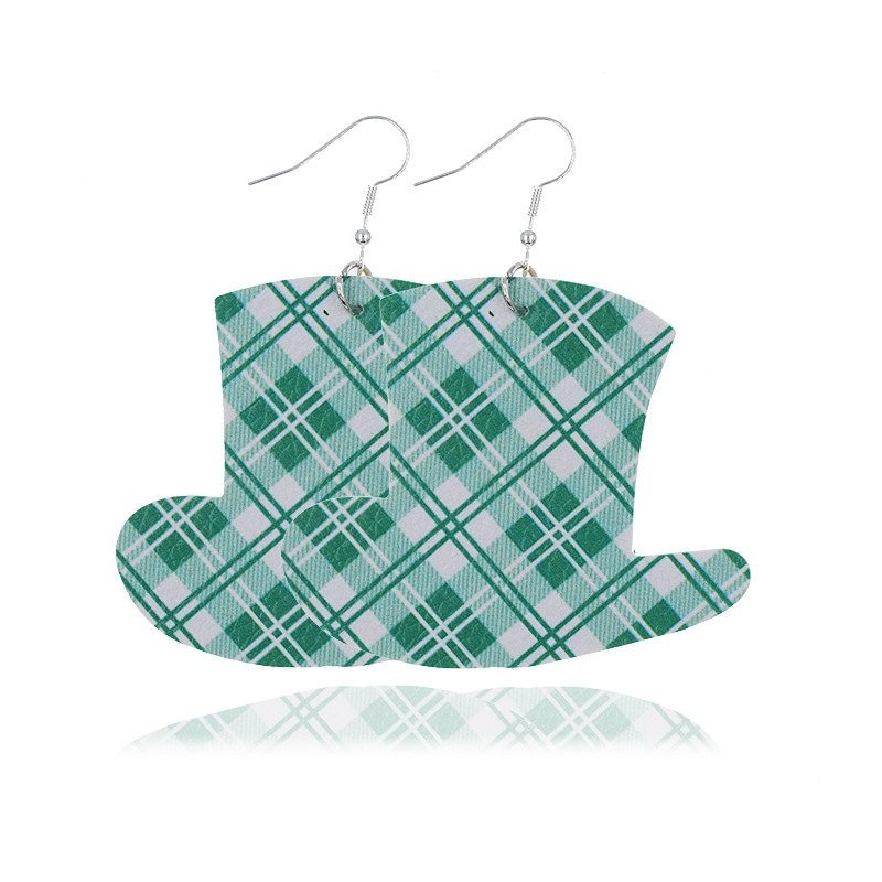 1 Paar Mode Kleeblatt Hut Plaid Pu-leder St Patrick Frau Ohrringe display picture 4