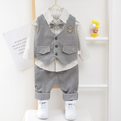 Children's clothing boys' spring and autumn clothing set 2020 new children's baby houndstooth vest three-piece set spring fashion style
