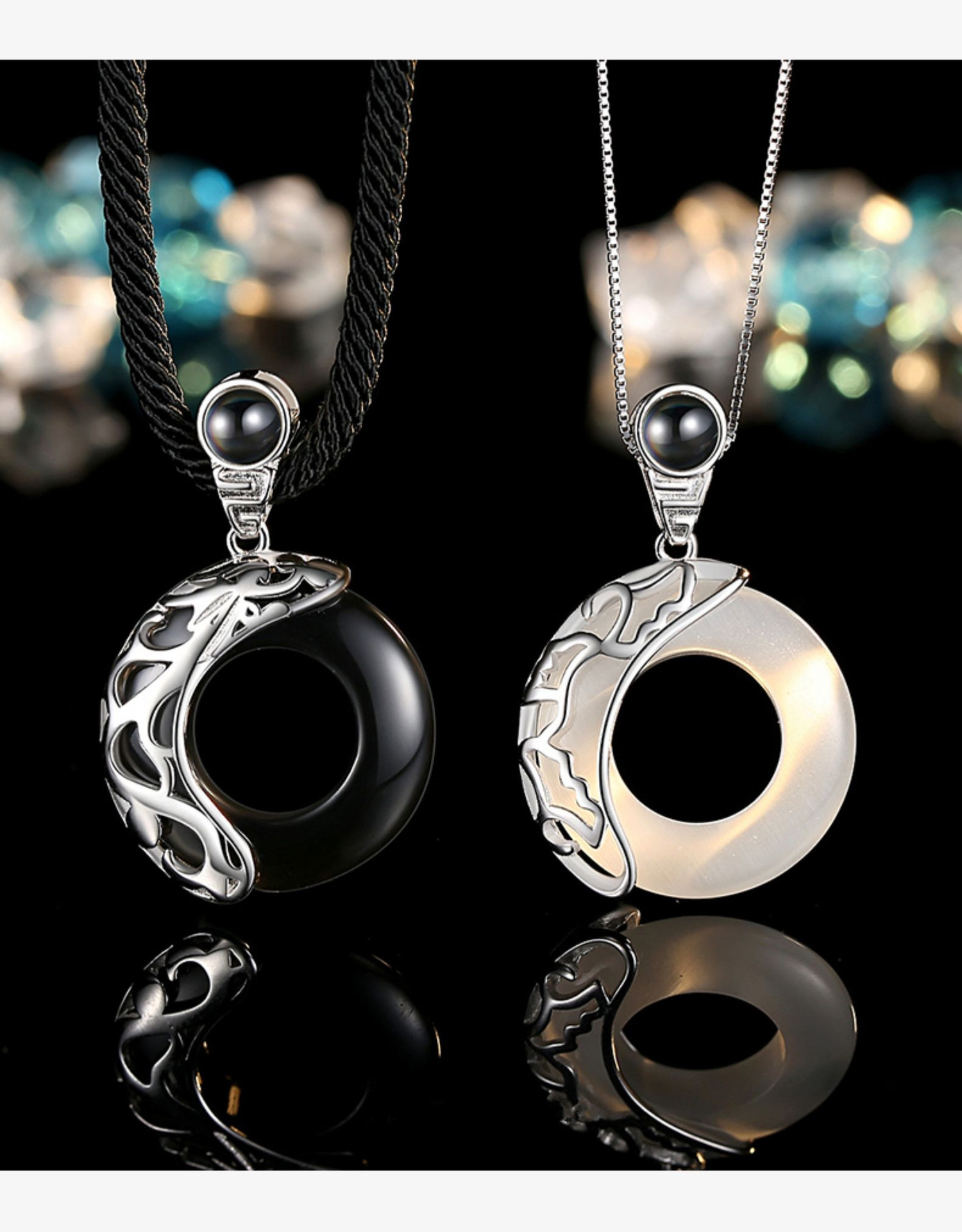 100种语言黑曜石投影纯银925情侣项链古风男女吊坠情人节礼物龙凤|ru