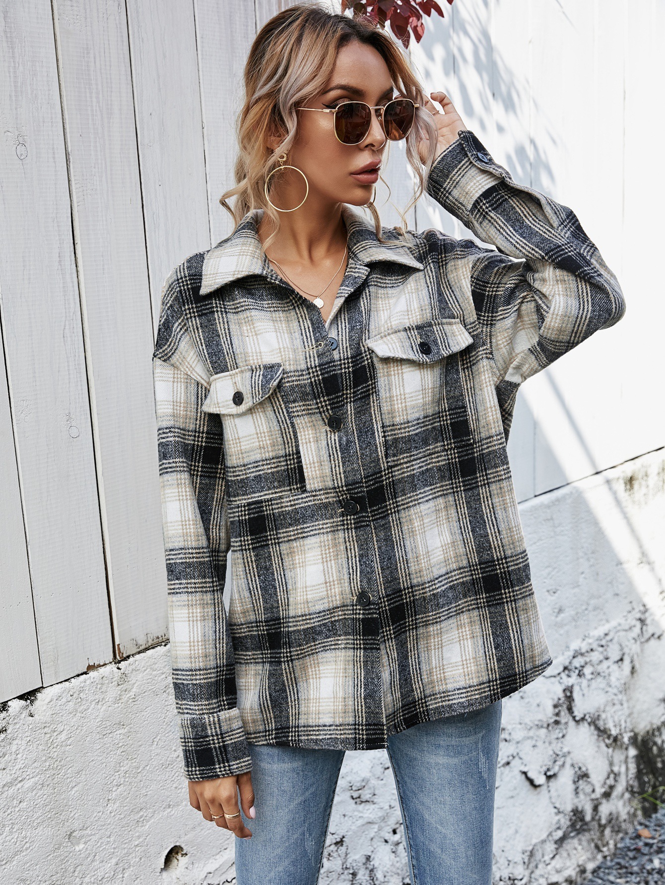 Women s Loose Plaid Shirt Jacket nihaostyles clothing wholesale NSJM80246