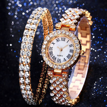 时尚奢华镶钻石英手表+双层镶钻手链2pcs/set 精美礼品厂家直销