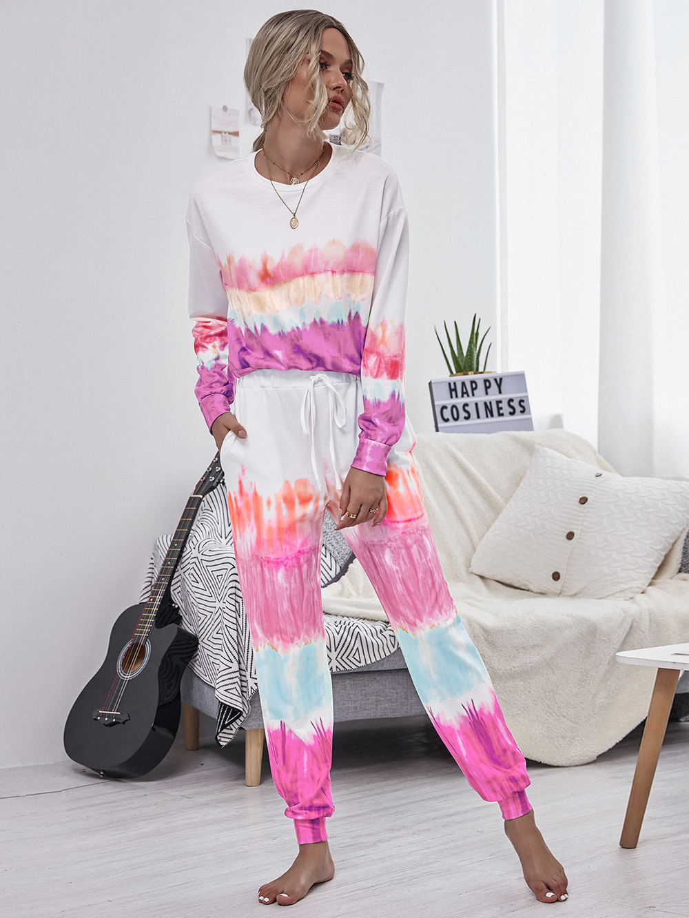 hot style printed tie-dye sweater women's long-sleeved round neck pullover sweater set NHDF88