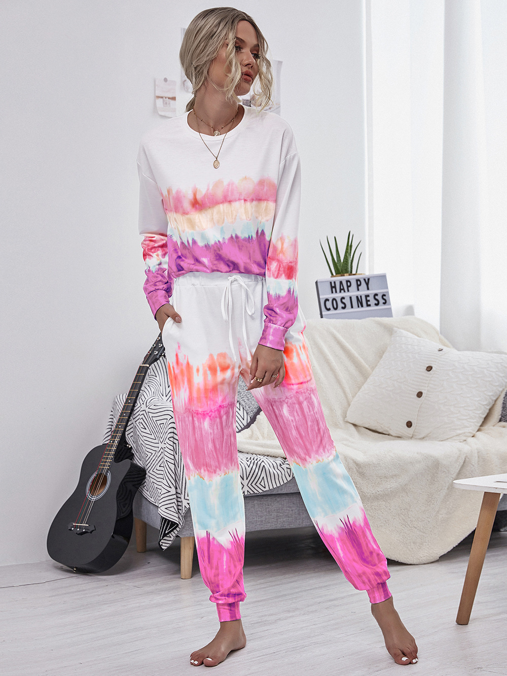 hot style printed tie-dye sweater women s long-sleeved round neck pullover sweater set NHDF88