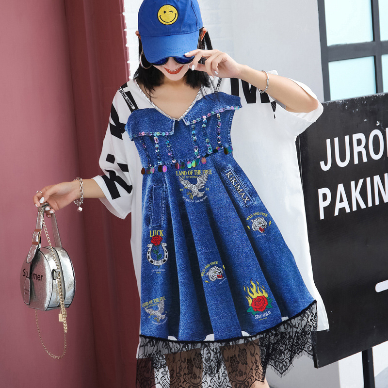 潮牌大码连衣裙女2020夏季新款洋气港风假两件宽松显瘦中长款t裙