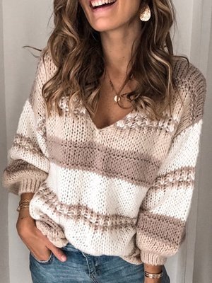 工厂直供亚马逊爆款欧美性感长袖V领套头宽松条纹毛衣女定制|ms