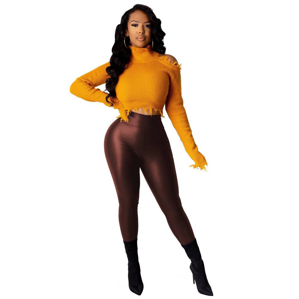 Solid color PU leather polyester leggings NSCYF73292