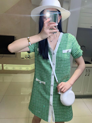 小香风2020夏新款气质名媛风粗花呢编织短袖修身撞色外套连衣裙女|ru