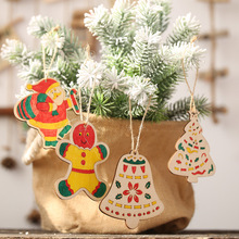 聖誕樹裝飾品兒童顏色DIY木質掛件老人姜餅人聖誕樹鈴鐺掛件帶繩