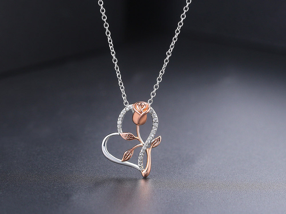 Fashion Heart Shape Rose Copper Inlay Zircon Pendant Necklace 1 Piece