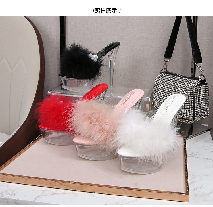 Dép sandal nữ gót nhọn siêu cao phối lông, quai trong suốt pha lê, mũi hở — Màu hồng, Màu trắng, Màu đen, Màu đỏ chi tiết 26