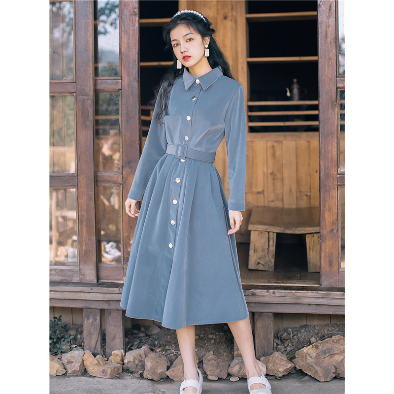 秋冬长袖连衣裙2021新款韩版女装复古温柔风修身显瘦灯芯绒中长裙