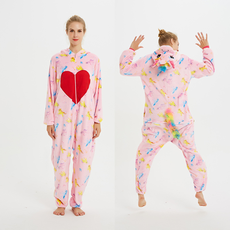 Pijamas de una pieza de coral grueso con diseño de animales de dibujos animados, franela cálida informal de manga larga, venta al por mayor del fabricante, gruesos y cálidos.