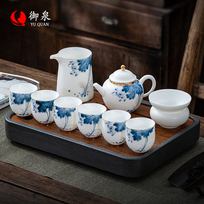 Tea Set Suet jade Porcelain Hand drawn Blue and white Kungfu Online tea set household teapot teacup Justice cup a complete set