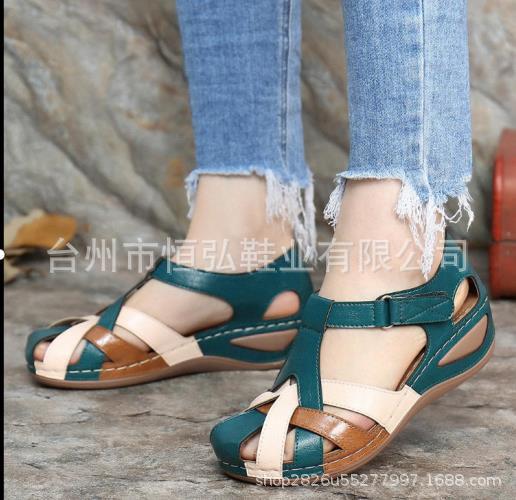 Hollow Out Velcro Large Slope Heel Women's Sandals