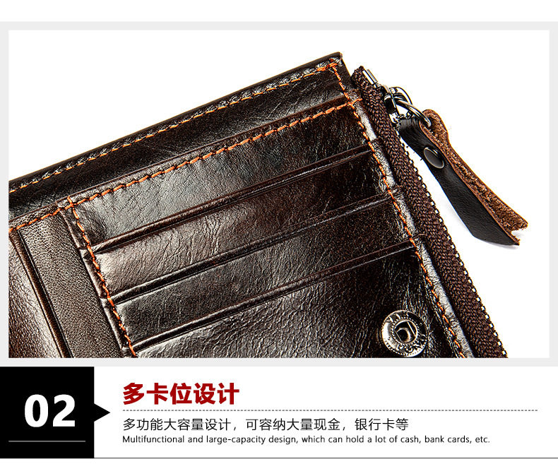 Ví nam da bò thật dạng đứng có khóa kéo, nhiều ngăn đựng thẻ và tiền xu, 9×1,5×11 cm — Cà phê, Cà phê đậm, Màu đen chi tiết 18