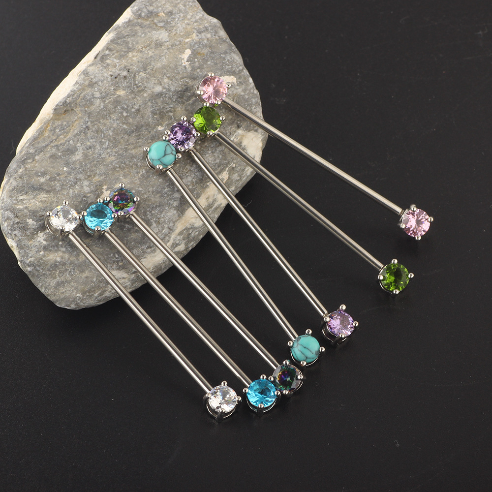 Amazon Stainless Steel European and American Stud Earrings Personalized Zircon Industrial Barbell Crossbar Piercing Jewelry detail image 8