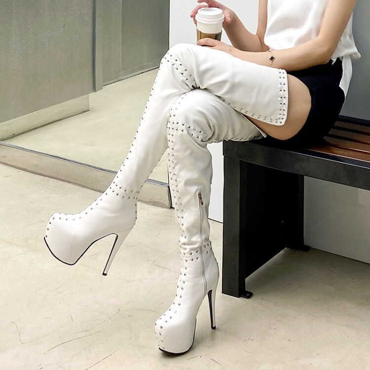 Foreign trade cross-border women's shoes factory direct ultra-high heel pointed rivet long tube knee boots thigh rider boots large size shoes