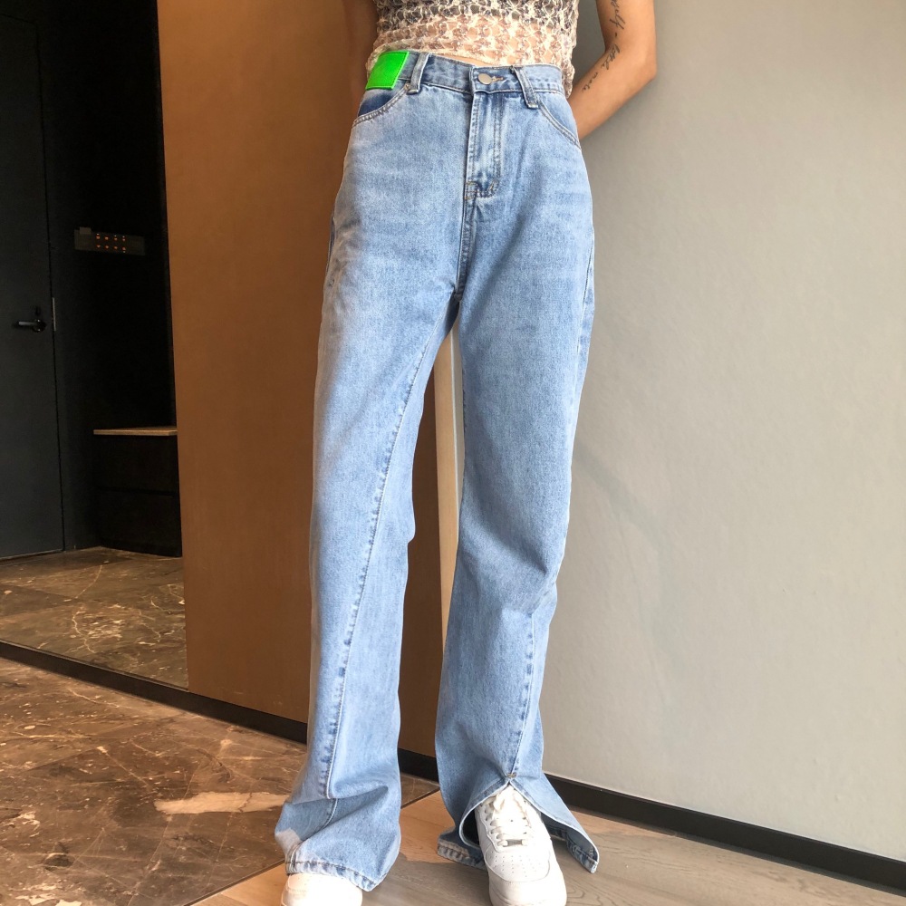 asymmetrical twisting split denim pants NSHS23468