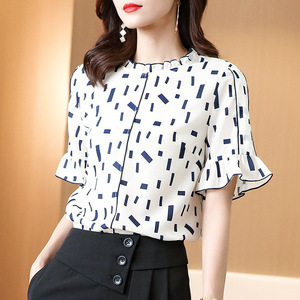 Summer White Short Sleeve Silk Shirt Top Women’s print popular all-around mulberry silk T-shirt