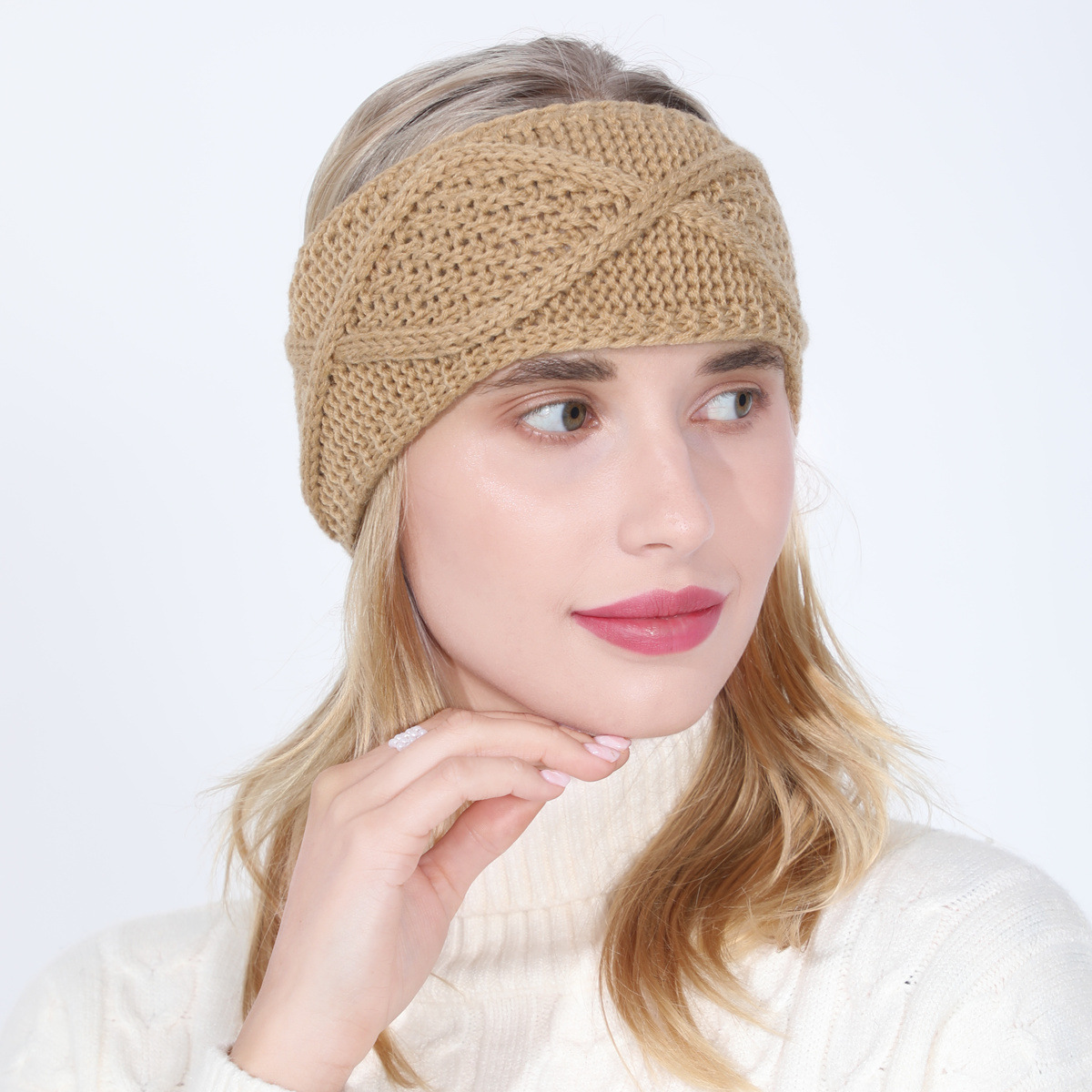 New Autumn and Winter Women's Knitted Face Wash Headcover with Woolen Hairband Aran Diamond High ponytail Hat_voghion.com