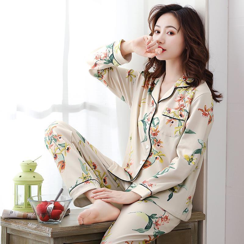 Pijamas otoño mujer primavera y otoño 100% algodón de manga larga algodón estilo coreano mamá de mediana edad Otoño e Invierno traje de uso doméstico de mujer