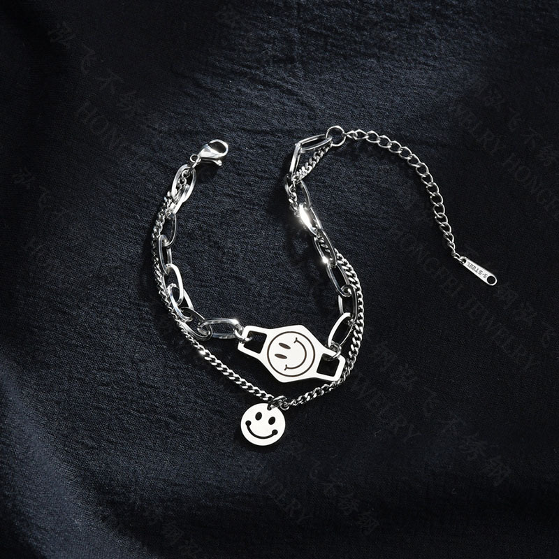 Fashion Smiley Face Round  Retro Stitching Chain Wild Double-layer Stainless Steel Bracelet For Women display picture 2