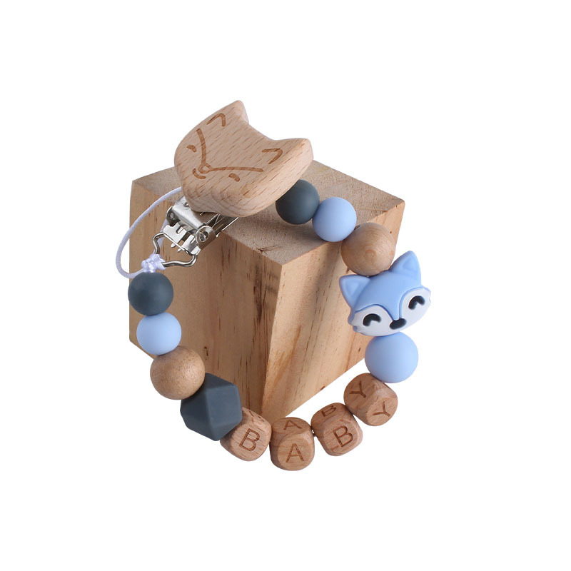 Bebé haya zorro chupete clip de juguete de dibujos animados bebé nombre silicona pequeño zorro mordedor chupete cadena