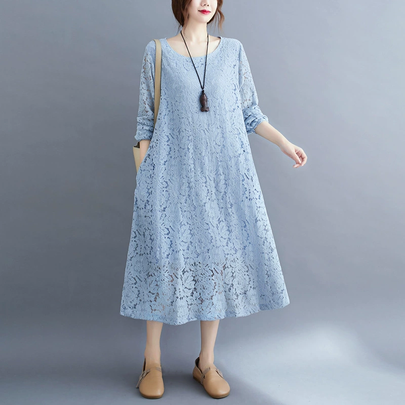 Элегантное женское приталенное повседневное кружевное платье средней длины с длинным рукавом в Корейском стиле больших размеров, Новинка осени 2021