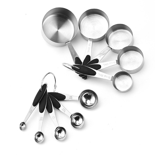 Set of 10 stainless steel measuring cups and spoons, including black silicone measuring cups, baking tools