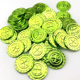 外贸跨境圣帕特里克节日幸运四叶草币 塑料绿色金币 电镀四叶草币