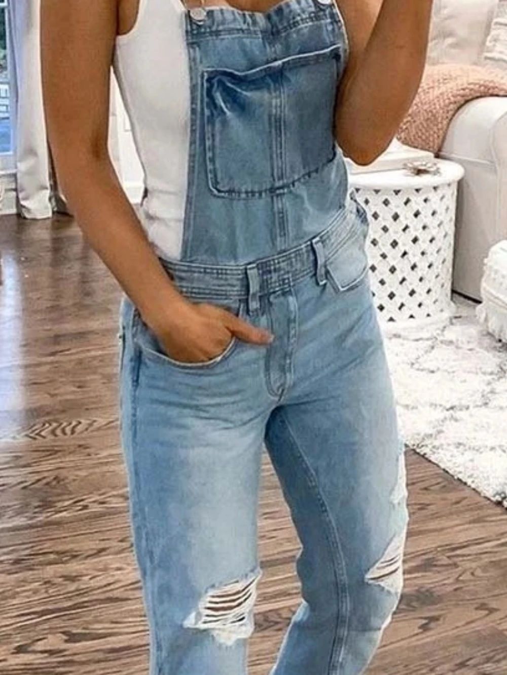 shoulder strap ripped denim jumpsuit NSRF64743