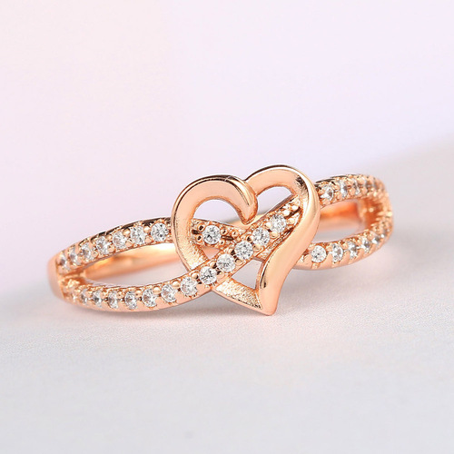 Hazy Moon European and American Fashion Heart Shape Women's Engagement Ring Zircon Micropaved Real Gold Plated Cross-Border Accessories Wholesale